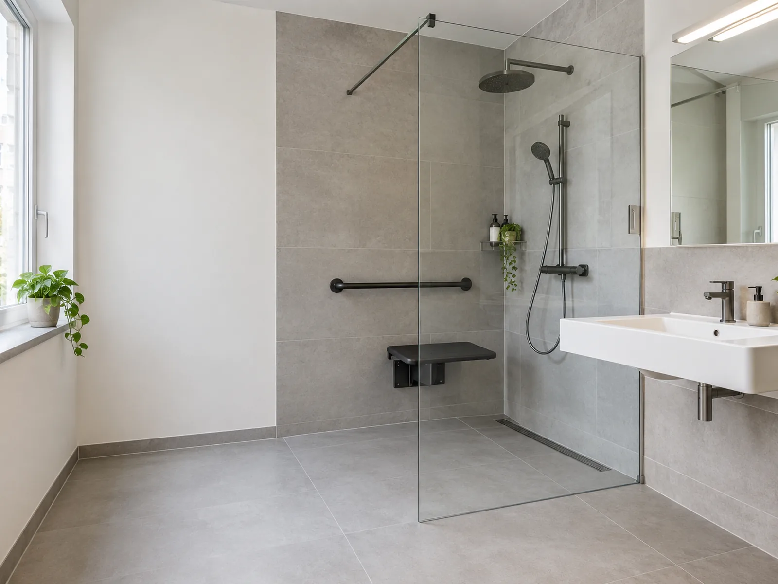 Helles, barrierefreies Bad mit bodengleicher Dusche, Haltegriff und Duschklappsitz