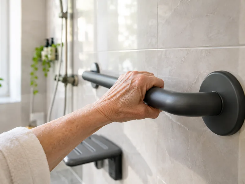 Hand greift an einen Haltegriff neben einer bodengleichen Dusche